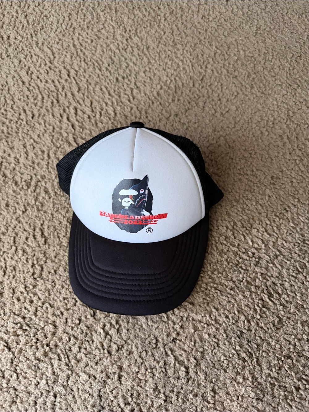 Bape Kids Black & White Ape Head Trucker Hat with Red Logo